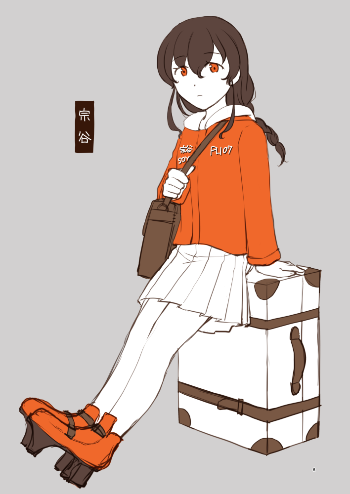 bag braid brown_hair character_name clothes_writing full_body grey_background hood hooded_jacket jacket kantai_collection long_hair messenger_bag nao_(nao_eg) orange_eyes orange_jacket pantyhose red_footwear shoulder_bag simple_background single_braid sitting skirt souya_(kancolle) souya_agb_(kancolle) suitcase white_pantyhose white_skirt