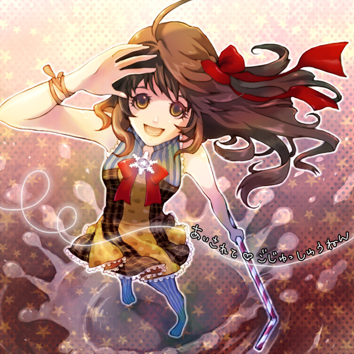 1girl ahoge blue_pantyhose bow bowtie brown_dress brown_eyes brown_hair commentary_request dress drinking_straw full_body gobaku_no_hito hair_bow holding holding_drinking_straw long_hair looking_at_viewer multicolored_dress open_mouth pantyhose product_girl red_bow red_bowtie sleeveless sleeveless_dress smile snowflake_brooch snowflakes solo standing striped_clothes striped_pantyhose vertical-striped_clothes vertical-striped_pantyhose yukico-tan yukijirushi