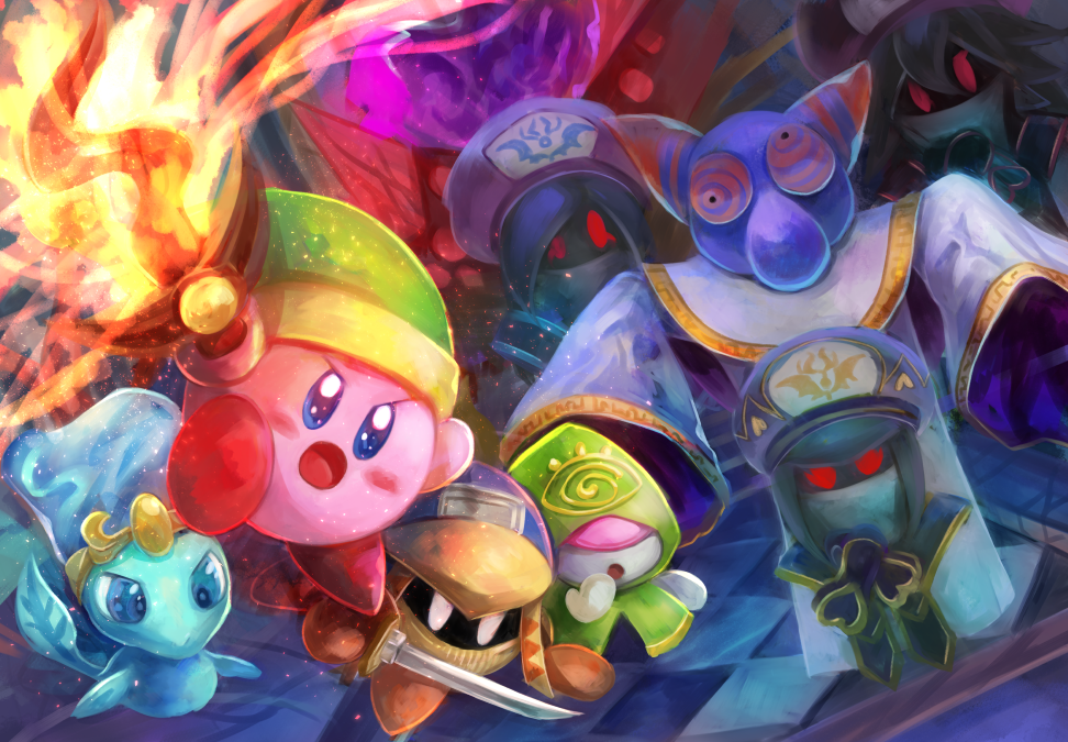 3girls bio_spark copy_ability driblee fire flamberge_(kirby) flaming_sword flaming_weapon francisca_(kirby) hyness katana kirby kirby_(series) kirby_star_allies momoko_(nihontou) multicolored_eyes multiple_girls nesp nintendo open_mouth rayman_limbs red_eyes sword sword_kirby weapon zan_partizanne