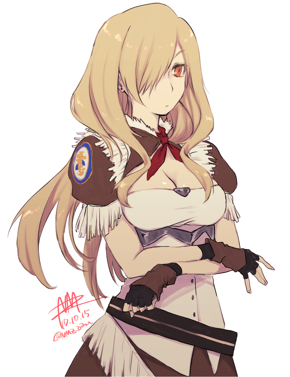 azur_lane bad_id bad_pixiv_id black_gloves blonde_hair breasts cleavage_cutout clothing_cutout dated fingerless_gloves gloves hair_between_eyes hair_over_one_eye highres long_hair medium_breasts neckerchief nevada_(azur_lane) nmz_(namazu) red_eyes red_neckerchief simple_background white_background