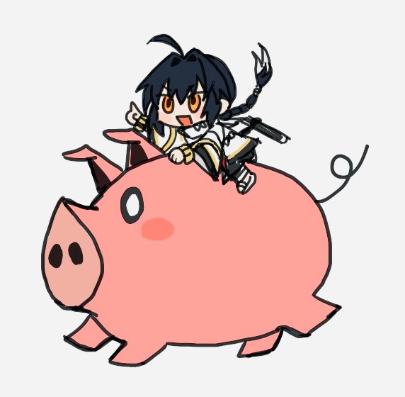 0_0 1other ahoge animalization black_hair blush braid chibi chibi_only colored_tips commentary_request fate/samurai_remnant fate_(series) full_body grey_background hair_intakes index_finger_raised japanese_clothes long_hair looking_ahead metabole_piglets mi_m099 miyamoto_iori_(fate) miyamoto_iori_(pig)_(fate) multicolored_hair open_mouth orange_hair pig riding riding_animal simple_background single_braid yamato_takeru_(fate)