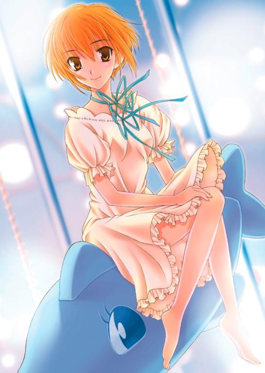 artist_request barefoot bow carousel dolphin dress ever_17 official_art orange_hair solo takigawa_yuu tanaka_yubiseiakikana