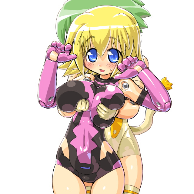 10s 2girls artille blonde_hair blue_eyes breasts busou_shinki dd_(ijigendd) doll_joints grabbing_another&#039;s_breast green_hair groping joints large_breasts maochao mecha_musume multiple_girls short_hair thighhighs yuri