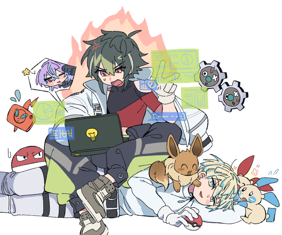 2boys :d ^_^ ahoge anger_vein belt black_belt black_hair black_pants black_shirt blonde_hair blue_eyes blue_hair capri_pants closed_eyes clothing_cutout collarbone computer covered_collarbone creepyday crop_top eevee fire flying_sweatdrops gen_1_pokemon gen_3_pokemon gen_4_pokemon gen_5_pokemon gloves green_hair green_pants grey_hair grey_shoes hair_between_eyes hand_up hibachi_mana hibachi_mana_(1st_costume) holding holding_poke_ball holographic_interface hoshirube_sho inami_rai inami_rai_(1st_costume) jacket klink laptop long_sleeves lying male_focus minun multicolored_eyes multicolored_hair multicolored_pants multicolored_shoes multiple_boys nijisanji nintendo on_side open_clothes open_jacket open_mouth pants plusle poke_ball poke_ball_(basic) pokemon pokemon_(creature) puffy_long_sleeves puffy_sleeves purple_eyes red_shirt rotom rotom_phone shirt shoes short_hair short_sleeves shoulder_cutout sidelocks simple_background sitting smile speech_bubble spoken_character star_(symbol) streaked_hair sweatdrop turtleneck two-tone_shirt two-tone_shoes v-shaped_eyebrows virtual_youtuber voltorb white_background white_gloves white_jacket white_pants white_shirt white_shoes yellow_eyes