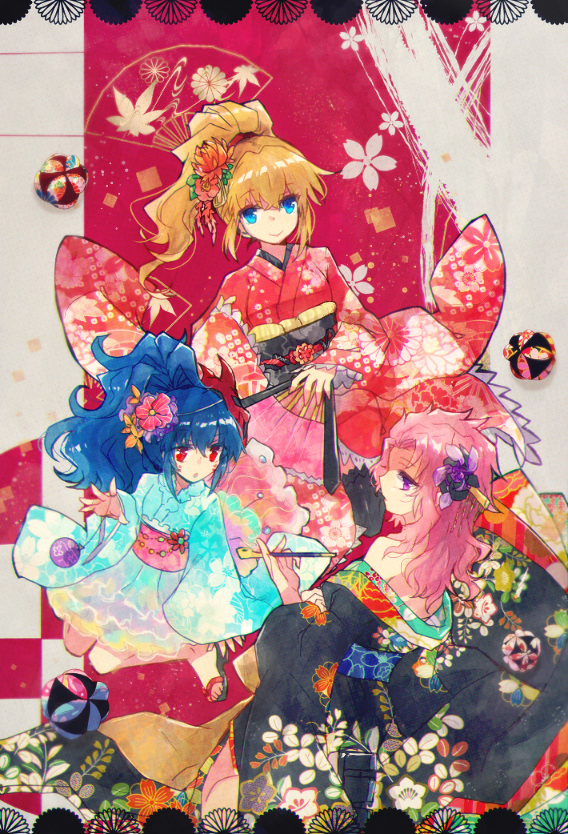 3girls alfimi alternate_costume bad_id bad_pixiv_id blonde_hair blue_eyes blue_hair excellen_browning hand_fan flower from_behind hair_flower hair_ornament japanese_clothes kimono lemon_browning miduki66 multiple_girls nunuko_(mu661129) pink_hair purple_eyes red_eyes smille super_robot_wars super_robot_wars_advance