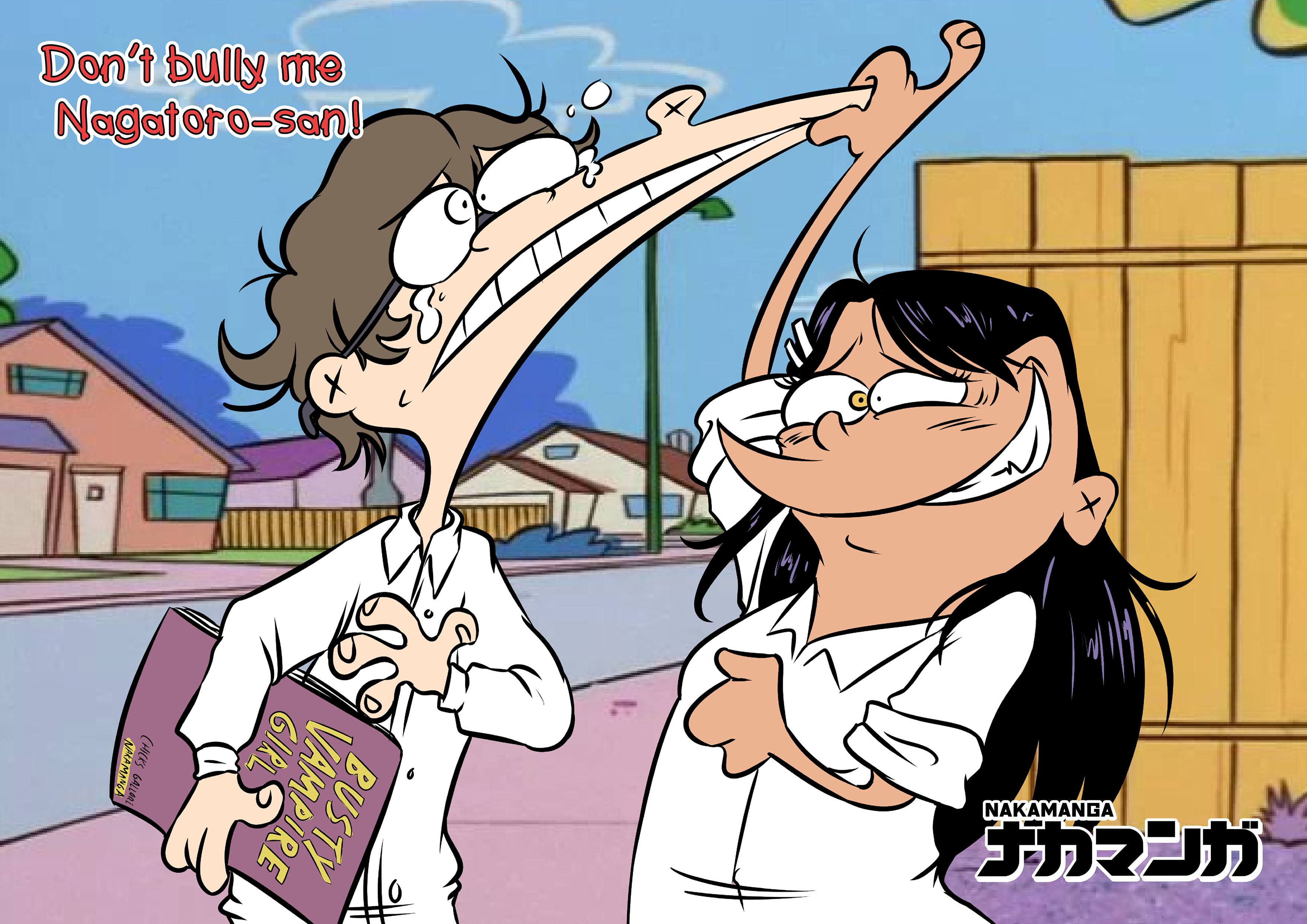 1boy 1girl absurdres arm_up artist_name black_hair blue_sky book brown_eyes cheek_pinching cheek_pull clenched_hand clenched_teeth cloud commentary curly_hair dark-skinned_female dark_skin dress_shirt ed_edd_n_eddy edd_(ed_edd_n_eddy) eddy_(ed_edd_n_eddy) english_commentary english_text fence glasses grin hachiouji_naoto hair_ornament hairclip hand_up highres holding holding_book house ijiranaide_nagatoro-san lamppost long_hair long_sleeves nagatoro_hayase nakamanga outdoors parody pinching road shirt short_hair sky sleeves_rolled_up smile style_parody swept_bangs tearing_up teeth toon_(style) upper_body white_shirt wing_collar