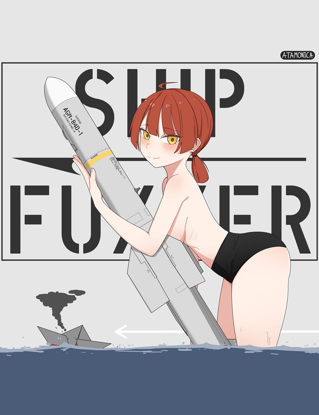 1girl anti-ship_missile arrow_(symbol) artist_name atamonica bikini black_bikini blush breast_press closed_mouth from_side harpoon_missile highres holding_missile leaning_forward looking_at_viewer medium_hair original precision-guided_munition red_hair rgm-84_harpoon ship smile smoke solo swimsuit topless_female wading water watercraft yellow_eyes