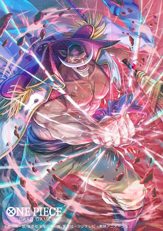 1boy attack bandana bisaiiiii black_bandana coat coat_on_shoulders collared_coat commentary_request copyright_name edward_newgate epaulettes facial_hair feet_out_of_frame holding holding_weapon jolly_roger long_mustache looking_at_viewer male_focus mustache official_art one_piece one_piece_card_game open_mouth pebble scar scar_on_chest solo weapon whitebeard_pirates_jolly_roger