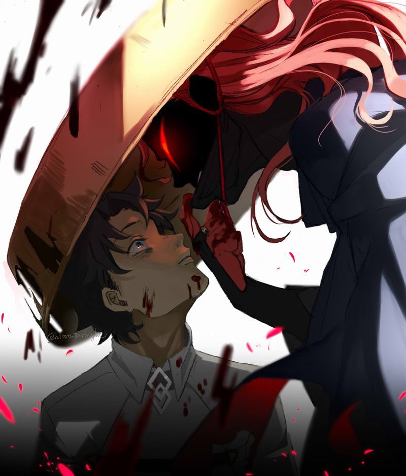 2boys black_hair blood blood_on_clothes blood_on_face blood_splatter blue_eyes chaldea_uniform dynamic_pose fate/grand_order fate_(series) fingerless_gloves fujimaru_ritsuka_(male) gloves glowing glowing_eyes hair_over_one_eye hat japanese_clothes k_(chissaiossan) kimono koha-ace large_hat long_hair long_sleeves looking_at_another male_focus mask_pull multiple_boys okada_izou_(fate) okada_izou_(second_ascension)_(fate) open_mouth red_eyes red_hair sandogasa straw_hat upper_body white_background