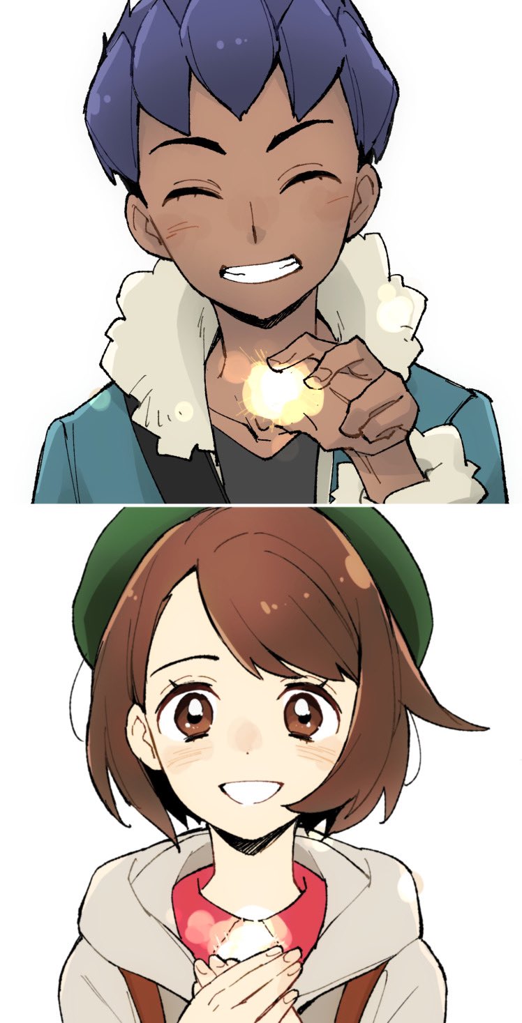 1boy 1girl beret blush brown_eyes brown_hair cardigan closed_eyes collared_dress commentary_request dark-skinned_male dark_skin dress eyelashes fur-trimmed_jacket fur_trim game_freak gloria_(pokemon) green_hat grey_cardigan grin hand_up hat highres hood hood_down hooded_cardigan hop_(pokemon) jacket nintendo pokemon pokemon_swsh shirt short_hair smile strap teeth yuden_33