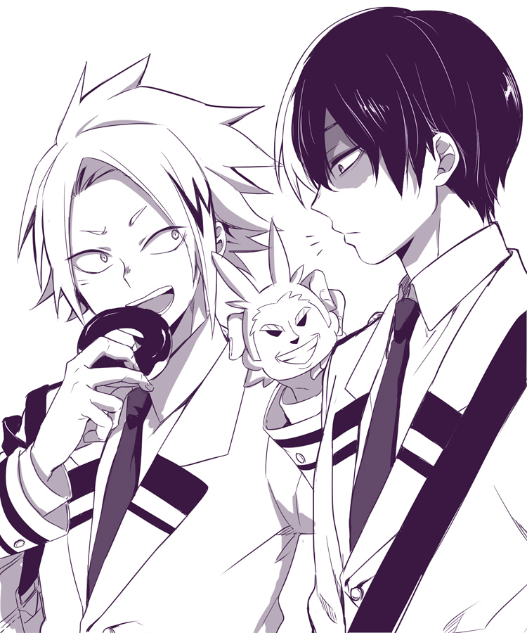 2boys all_might arms_up boku_no_hero_academia burn_scar closed_mouth collared_shirt commentary_request curtained_hair donut eating fingernails food greyscale holding holding_donut holding_food jacket kaminari_denki lapels layered_sleeves long_sleeves looking_at_another male_focus monochrome multicolored_hair multiple_boys naruse_(naru_224s) necktie notched_lapels open_mouth scar scar_on_face school_uniform shirt sideways_glance simple_background split-color_hair streaked_hair teeth todoroki_shoto u.a._school_uniform upper_body white_background wing_collar