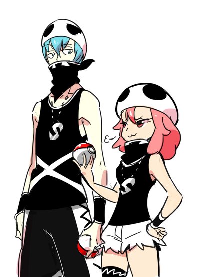 &gt;:3 1boy 1girl :3 alternate_costume bad_id bad_twitter_id bandana bandana_over_mouth bare_shoulders blue_hair commentary_request cosplay gyosone hand_on_own_hip height_difference holding holding_poke_ball inumuta_houka jakuzure_nonon jewelry kill_la_kill necklace nintendo no_eyewear pink_eyes pink_hair poke_ball poke_ball_(basic) pokemon pokemon_sm short_hair short_shorts shorts team_skull team_skull_(cosplay) team_skull_grunt team_skull_grunt_(cosplay) thigh_strap torn_clothes v-shaped_eyebrows wristband