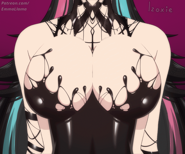 1girl animated animated_gif artist_logo artist_name black_dress black_hair black_liquid blue_hair bouncing_breasts breasts cleavage collar dress emma_llama head_out_of_frame indie_virtual_youtuber ink izoxie large_breasts liquid_clothes liquid_dress logo long_hair multicolored_hair pink_hair solo source_request streaked_hair virtual_youtuber
