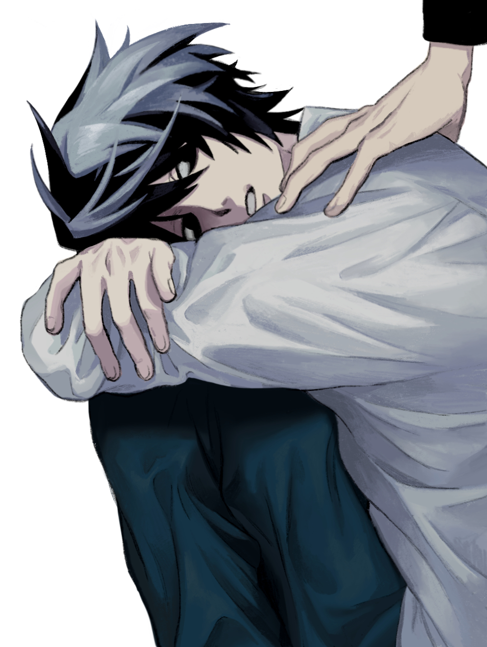 1boy 1other ambiguous_gender arms_on_knees behind_another black_eyes black_hair black_pants crossed_arms death_note feet_out_of_frame from_side hand_on_another&#039;s_shoulder head_down head_on_knees highres knees_to_chest l_(death_note) long_sleeves looking_at_another looking_back male_focus out_of_frame pants parted_lips shirt short_hair simple_background sitting takushi_(taxi739) white_background white_shirt