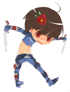 1girl ahoge blunt_bangs bob_cut brown_hair chibi dagger dual_wielding female_focus gloves guild_wars_(series) guild_wars_1 gwen_(guild_wars) holding knife lowres midriff navel red_eyes short_hair smile solo transparent_background weapon