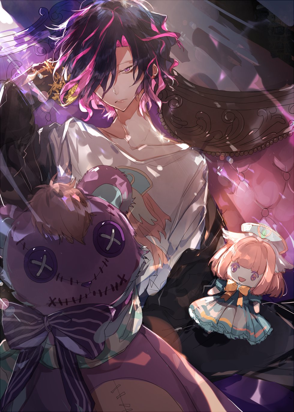 1boy akimitsu_(penguinquartet) bags_under_eyes black_coat bow coat collarbone dame_x_prince hair_over_one_eye hand_puppet highres kyuaran long_sleeves male_focus mare_selen_el_phiriazar puppet purple_eyes purple_hair shirt short_hair sitting solo striped_bow stuffed_animal stuffed_toy t-shirt teddy_bear white_shirt