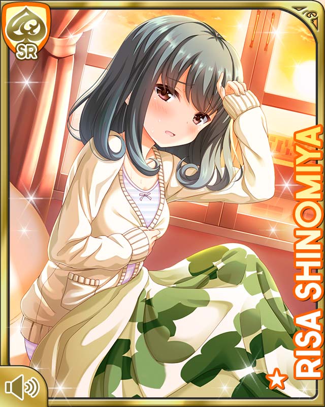 1girl :o bed bedroom brown_eyes card_(medium) character_name day girlfriend_(kari) green_hair indoors morning official_art open_mouth qp:flapper shinomiya_risa sick sitting sleepwear tagme wiping_brow