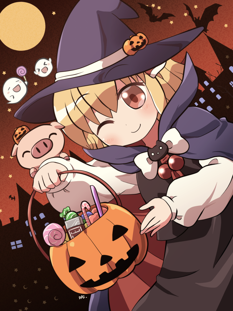 1girl ;) ascot basket bat_(animal) black_cloak black_hat black_skirt black_vest blonde_hair blush bow bowtie candy candy_cane cloak closed_mouth commentary_request food full_moon ghost hair_ribbon halloween halloween_bucket hat holding holding_basket lollipop long_sleeves looking_at_viewer moon one_eye_closed pig pumpkin_hat_ornament red_ascot red_cloak red_eyes red_ribbon ribbon rokugou_daisuke rumia shirt short_hair signature skirt skirt_set smile swirl_lollipop touhou two-sided_cloak two-sided_fabric upper_body vest white_bow white_bowtie white_hat white_shirt