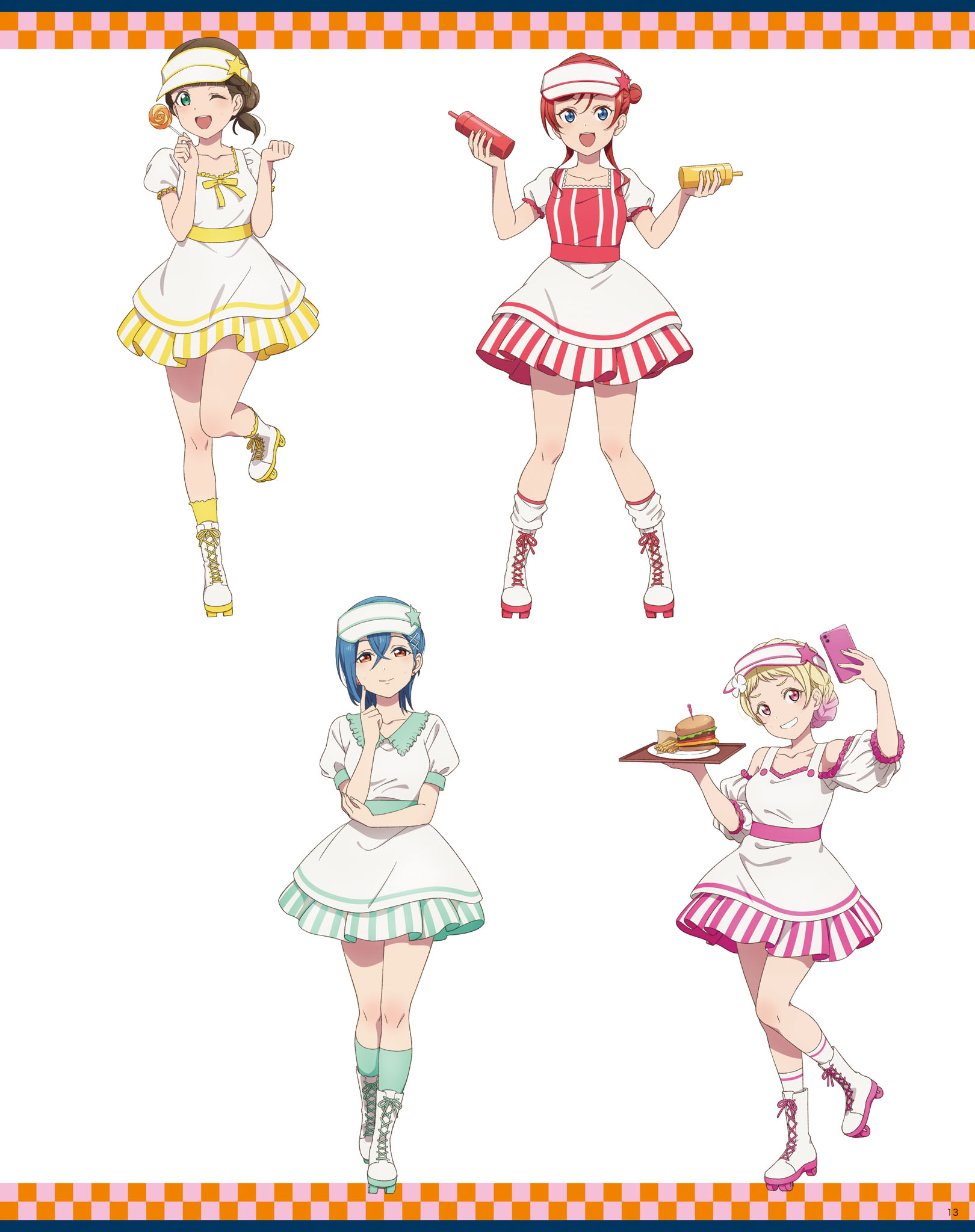 4girls artbook blonde_hair blue_eyes blue_hair boots brown_hair burger dress food french_fries full_body green_eyes hair_between_eyes hair_bun hat highres holding looking_at_viewer love_live! love_live!_superstar!! multiple_girls non-web_source official_art one_eye_closed onitsuka_natsumi open_mouth orange_eyes phone pink_eyes puffy_short_sleeves puffy_sleeves red_hair roller_skates sakurakoji_kinako short_hair short_sleeves single_hair_bun skates smile socks standing standing_on_one_leg tray visor_cap waitress wakana_shiki yoneme_mei