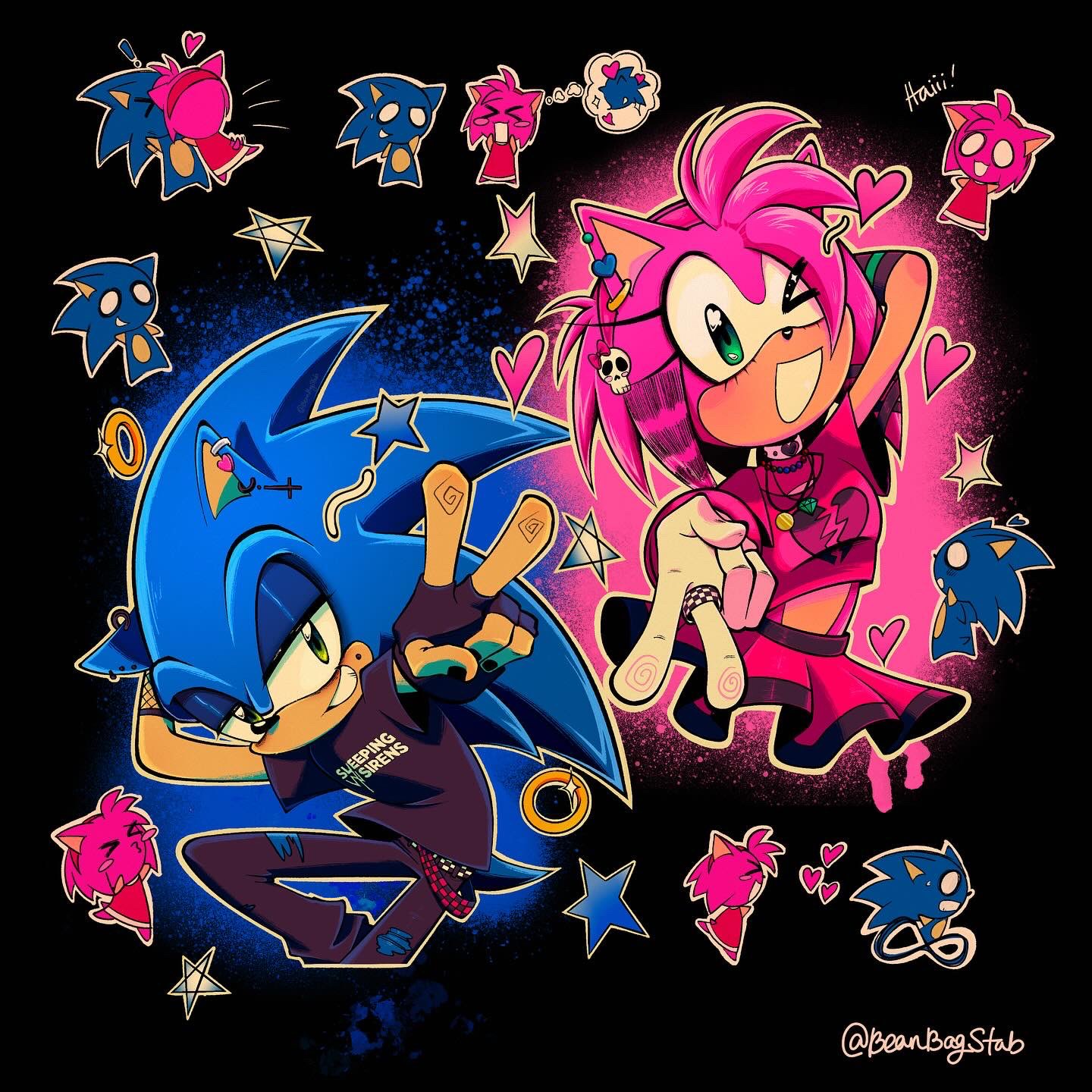 >_< 1boy 1girl amy_rose arm_behind_head beanbagstab black_background black_shirt broken_heart chibi ear_piercing emo_fashion fingerless_gloves gloves green_eyes hair_ornament heart highres looking_at_viewer midriff outline pants piercing ring_(sonic) scene_fashion shirt skull_hair_ornament sleeping_with_sirens smile sonic_(series) sonic_the_hedgehog star_(symbol) torn_clothes torn_pants v white_outline