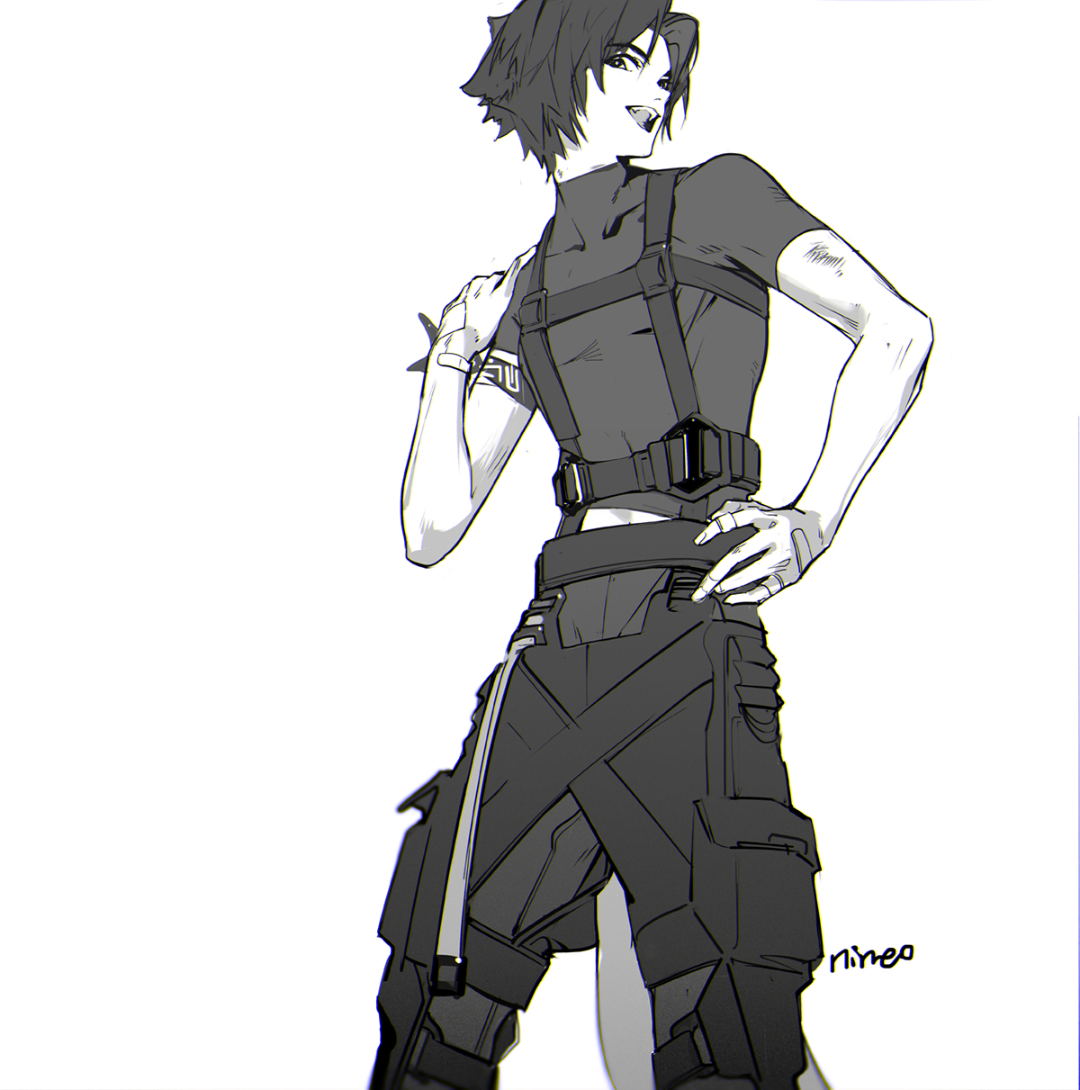 1boy :d arknights artist_name bandaged_hand bandages bishounen feet_out_of_frame from_below greyscale highres looking_at_viewer male_focus monochrome nineo open_mouth pants shirt short_hair short_sleeves simple_background smile solo teeth upper_teeth_only white_background windflit_(arknights)