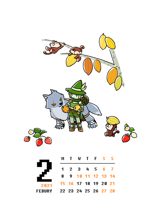 1girl 2021 belt boots brown_belt brown_footwear calendar_(medium) closed_mouth commentary_request february flower food fruit full_body gloves green_eyes green_gloves green_hair green_headwear green_pantyhose green_scarf green_shorts green_tube_top hat midriff monkey pantyhose papaya pointy_ears pouch ragnarok_online ranger_(ragnarok_online) scar scar_across_eye scar_on_face scarf short_hair shorts strapless strawberry thighhighs tube_top white_background white_flower witch_hat wolf yoyo_(ragnarok_online) zhi_xie