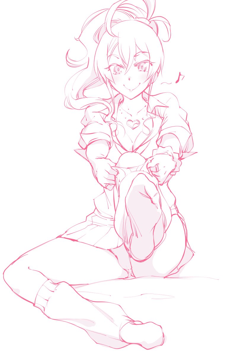 1girl adjusting_clothes adjusting_legwear dressing feet gyaru hajimete_no_gal long_hair monochrome no_shoes panties pantyshot ponytail school_uniform sitting sketch skirt sleeves_rolled_up thighhighs touge_hiro underwear yame_yukana