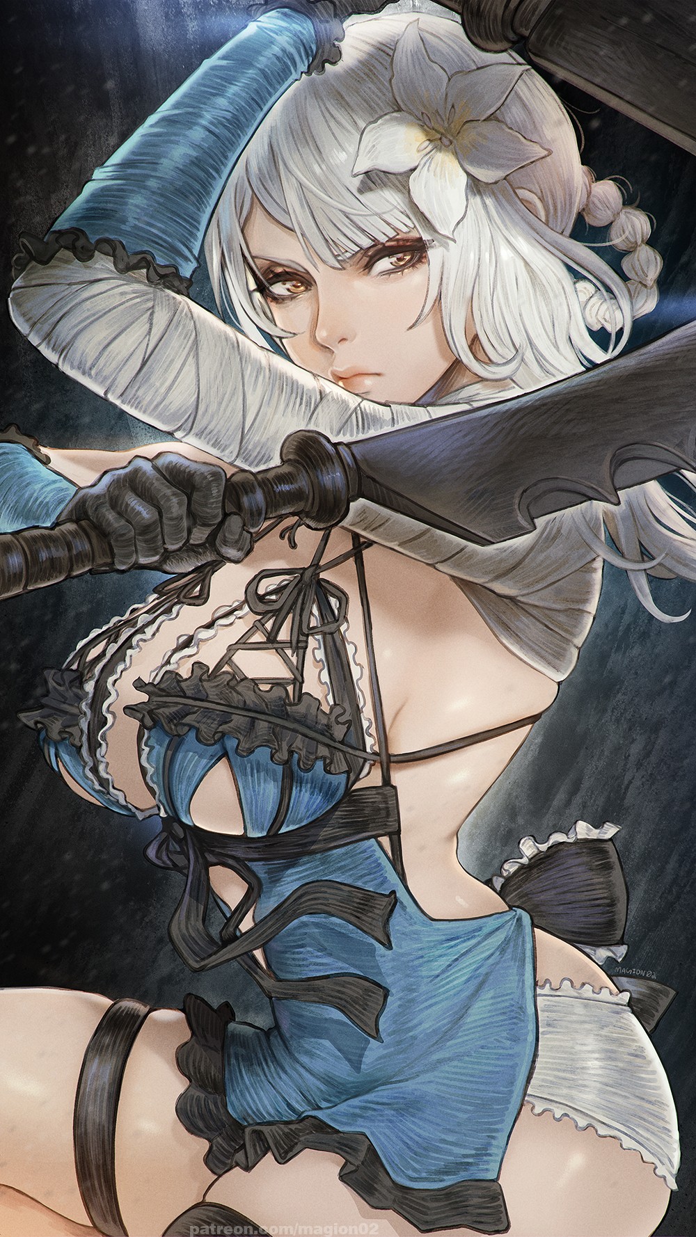 1girl backless_outfit bandaged_arm bandages black_gloves braid braided_hair_rings breasts cross-laced_clothes dual_wielding flower gloves hair_flower hair_ornament hair_rings highres holding jagged_sword kaine_(nier) large_breasts lingerie long_hair looking_at_viewer magion02 negligee nier nier_(series) solo underwear white_hair