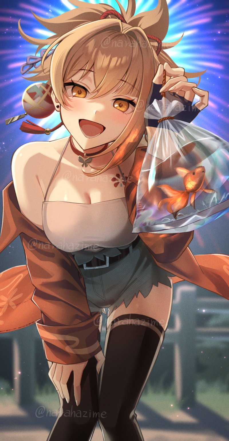 1girl alternate_costume bare_shoulders belt black_belt black_gloves black_thighhighs blonde_hair blurry blurry_background breasts cleavage denim denim_shorts earrings fingerless_gloves fireworks genshin_impact gloves hair_between_eyes highres jacket jewelry leaning_forward long_sleeves medium_hair narahazime open_clothes open_jacket open_mouth orange_jacket outdoors shorts single_glove smile solo stud_earrings thighhighs twitter_username watermark watermark_grid yellow_eyes yoimiya_(genshin_impact)