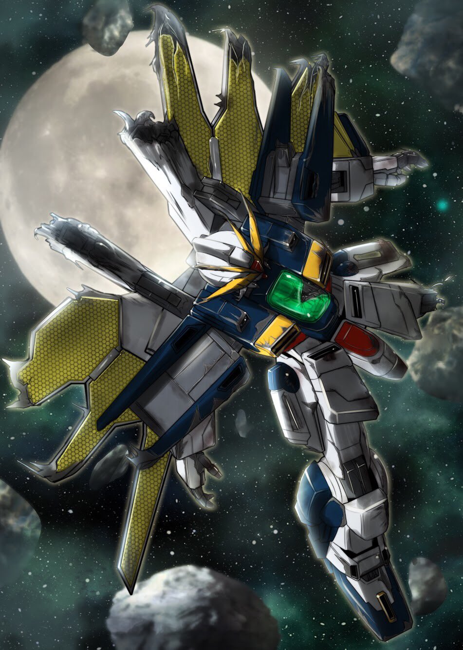 after_war_gundam_x asteroid broken damaged fujikusa full_moon gundam gundam_double_x highres mecha missing_limb moon no_humans robot satellite_cannon sky solar_panel space star_(sky) starry_sky