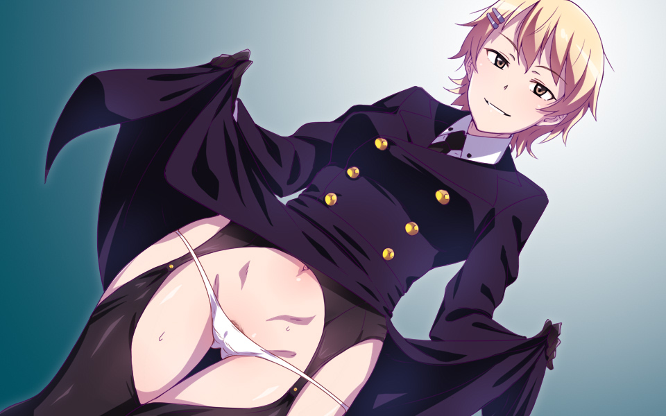 1girl blonde_hair brown_eyes cameltoe chris_keera clothes_lift dress dress_lift em_(totsuzen_no_hakike) female_focus female_pubic_hair garter_belt gluteal_fold hair_ornament hairclip looking_at_viewer lowleg lowleg_panties navel noble_witches panties pubic_hair short_hair smile solo sweat thighhighs uncensored underwear white_panties world_witches_series