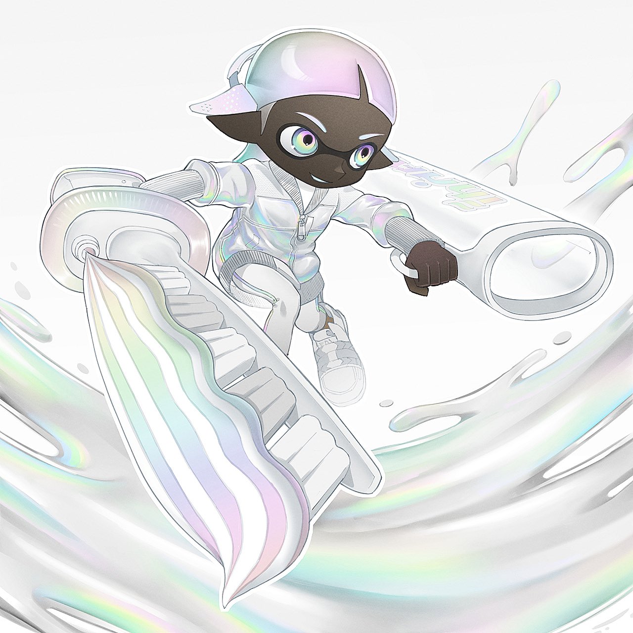 1girl 8ctorice blue_eyes commentary_request dark-skinned_female dark_skin decavitator_(splatoon) full_body gradient_hair green_hair grin headgear highres holding holding_weapon holographic_clothing inkling inkling_girl inkling_player_character jacket leggings long_hair long_sleeves multicolored_eyes multicolored_hair nintendo outline pink_eyes pink_hair pointy_ears shoes smile sneakers solo splatoon_(series) splatoon_3 two-tone_hair weapon white_jacket white_leggings white_outline white_shoes yellow_eyes zipper_pull_tab