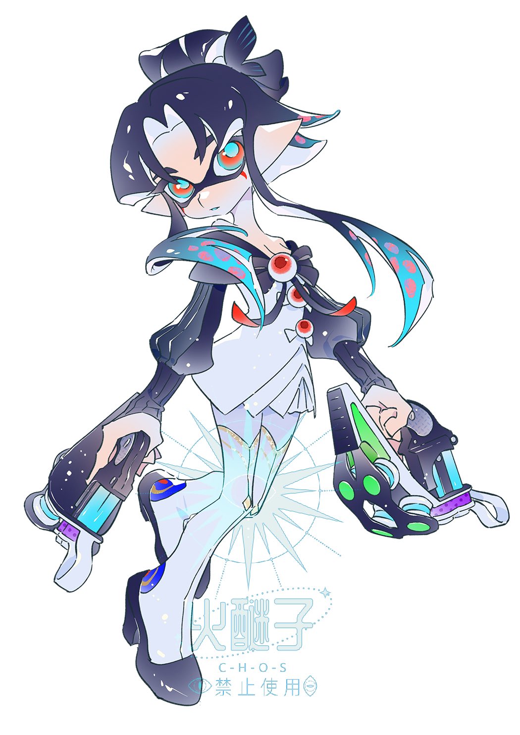 1girl black_bow black_bowtie black_shoes black_sleeves blue_eyes blue_hair blue_pupils blue_tongue bow bowtie breasts cleavage colored_tongue commentary dress dual_wielding full_body highres himiko0025 holding holding_weapon inkling inkling_girl inkling_player_character long_sleeves multicolored_eyes nintendo parted_lips pointy_ears red_eyes shoes short_hair_with_long_locks solo splatoon_(series) symbol-only_commentary tentacle_hair tetra_dualies_(splatoon) thighhighs two-tone_eyes weapon white_dress white_thighhighs