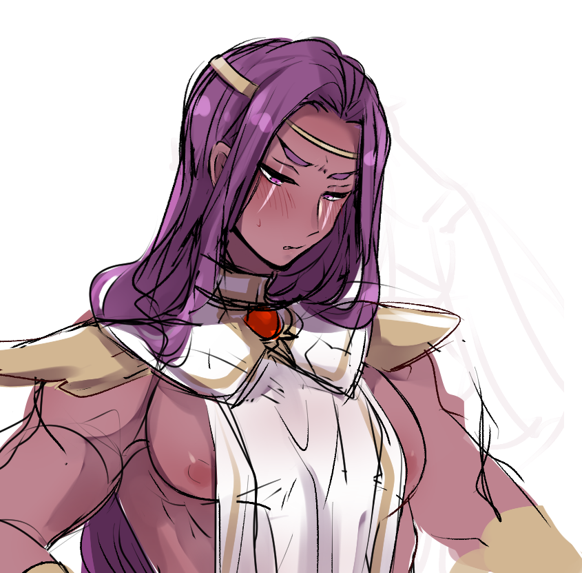 1boy blush circlet colored_skin cookie_run doodle facial_mark furrowed_brow gem gold gold_circlet gold_headband gold_stripes hand_on_own_hip headband humanization looking_down male_focus markings medium_hair nipple_slip nipples niwa_(niwa827) parted_lips pectorals purple_eyes purple_hair purple_skin purple_yam_cookie red_gemstone shoulder_pads side_opening sideless_outfit sidelocks sidepec sleeveless stomach_mark stringer sweatdrop tagme teeth tsundere upper_body white_top