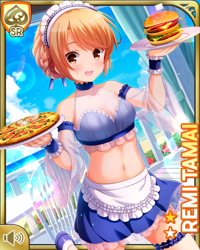 1girl :d apron beach bikini blue_bikini blue_skirt brown_eyes brown_hair burger card_(medium) day food girlfriend_(kari) looking_at_viewer low_twintails maid_apron maid_headdress ocean official_art open_mouth outdoors pizza qp:flapper skirt smile solo standing swimsuit tagme tamai_remi thighhighs tropical twintails white_thighhighs