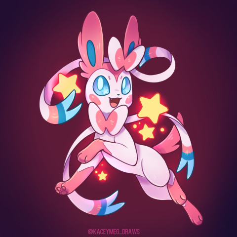 animal_focus blue_eyes bow bright_pupils eyebrows fangs gen_6_pokemon kaceymeg nintendo no_humans open_mouth pawpads pink_background pokemon pokemon_(creature) ribbon simple_background smile solo sylveon white_pupils