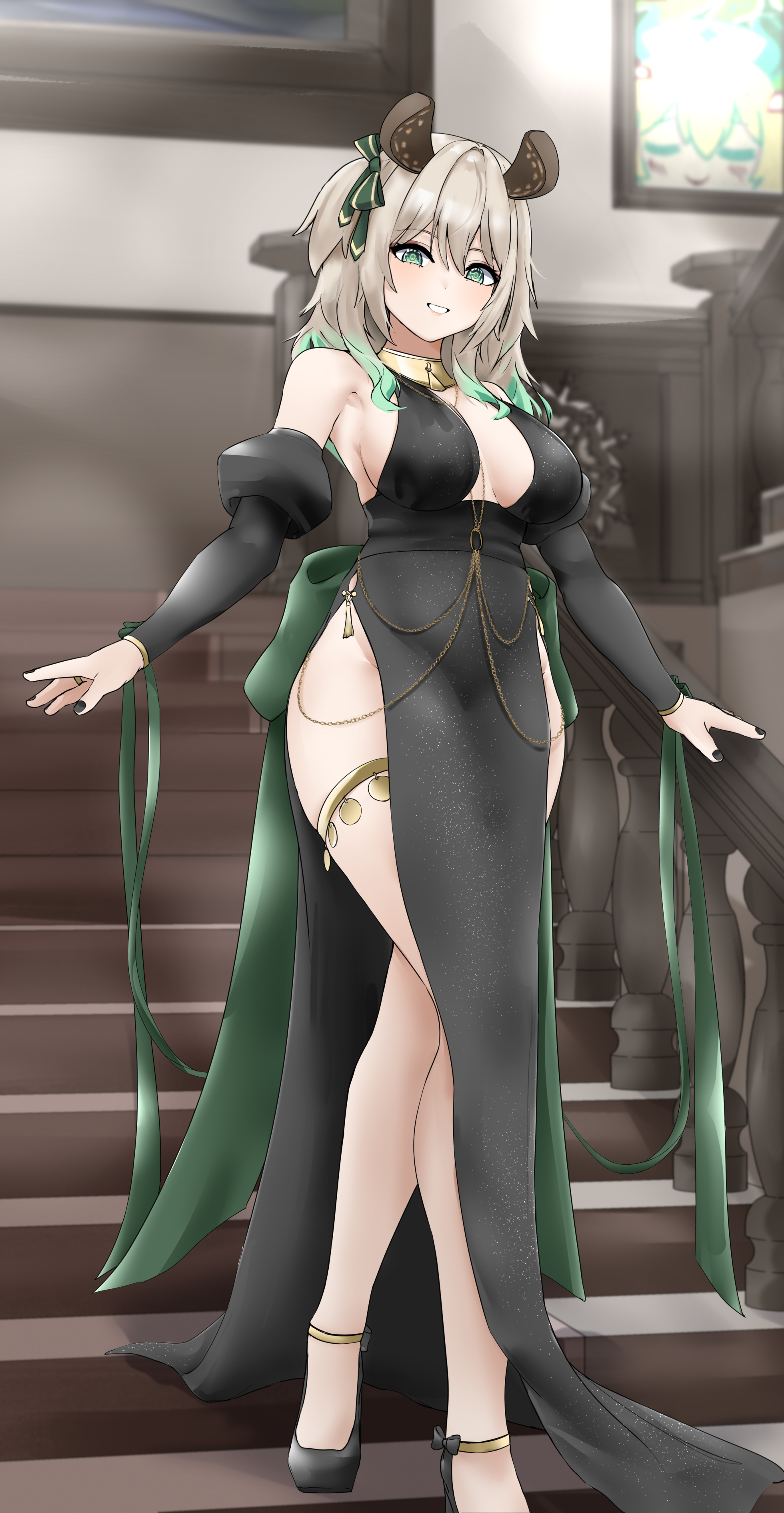 1girl absurdres aidoruhakase animal_ears armpits back_bow black_dress black_nails body_jewelry bow breasts breasts_apart brown_hair cleavage cocktail_dress detached_sleeves dress full_body gown gradient_hair green_bow green_eyes green_hair grin hair_bow high_heels highres indie_virtual_youtuber jewelry large_breasts long_dress looking_at_viewer medium_hair multicolored_hair nimi_nightmare on_stairs one_side_up ring side_slit smile solo standing tapir_ears tapir_girl teeth thigh_strap virtual_youtuber