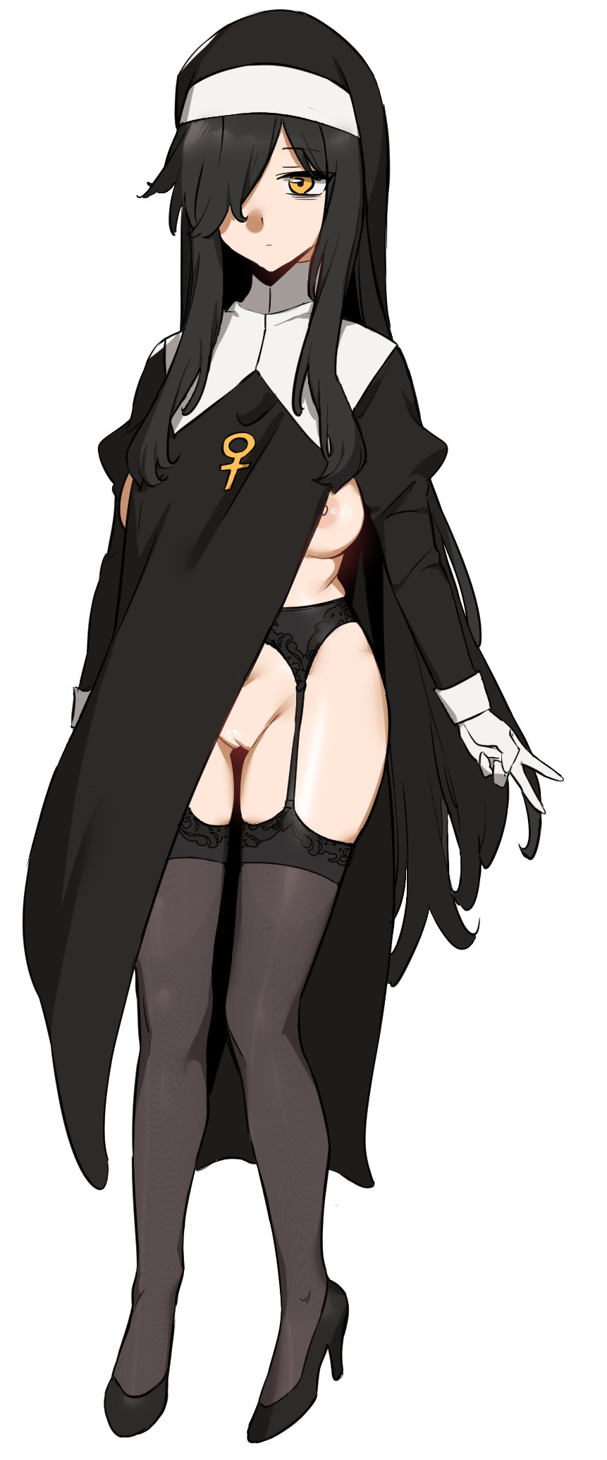 1girl black_hair black_thighhighs breasts clothing_aside dress dress_aside garter_belt garter_straps gloves habit hair_over_one_eye heemin high_heels lace lace-trimmed_thighhighs lace_trim long_hair medium_breasts nipple_slip nipples no_bra no_panties nun one_eye_covered original pussy scapular sideless_outfit solo standing thighhighs v very_long_hair white_background white_gloves yellow_eyes