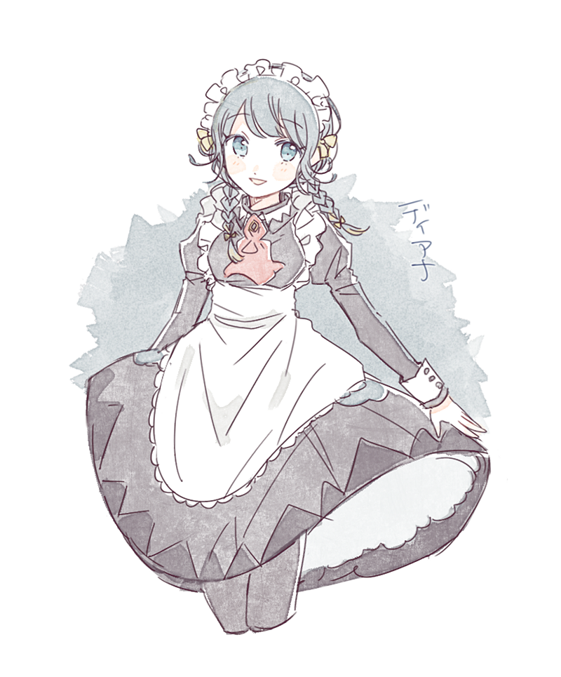 1girl apron arne_no_jikenbo ascot black_dress blue_eyes blue_hair bow braid buttons character_request circle_skirt cropped_legs dot_nose dress eyelashes frilled_apron frills grey_pantyhose hair_bow happy juliet_sleeves light_blush long_hair long_sleeves maid maid_headdress medium_dress open_mouth pantyhose puffy_sleeves red_ascot shuntaro_(tya_nya0000) smile solo twin_braids two-sided_dress two-sided_fabric white_apron white_background white_sleeve_cuffs yellow_bow