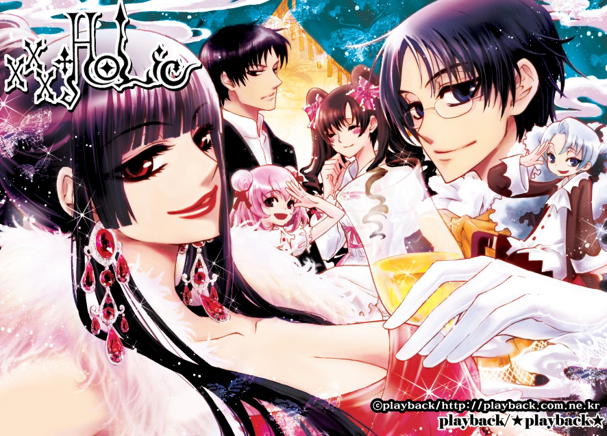 2boys 4girls artist_name bad_id bad_pixiv_id black_hair blue_eyes blunt_bangs closed_eyes copyright_name doumeki_shizuka drink earrings eyelashes fur_trim gem glass glasses gloves hair_ribbon ichihara_yuuko jewelry kunogi_himawari lips lipstick looking_at_viewer makeup maru_(xxxholic) moro_(xxxholic) multiple_boys multiple_girls playback red_eyes red_lips ribbon twintails watanuki_kimihiro watermark web_address xxxholic