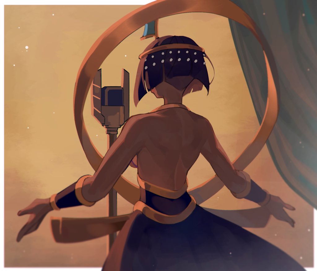 1girl backless_outfit black_hair bob_cut chikenug1000000 curtains dark-skinned_female dark_skin eliza_(skullgirls) from_behind microphone microphone_stand outstretched_arms short_hair skullgirls solo upper_body vambraces yellow_background