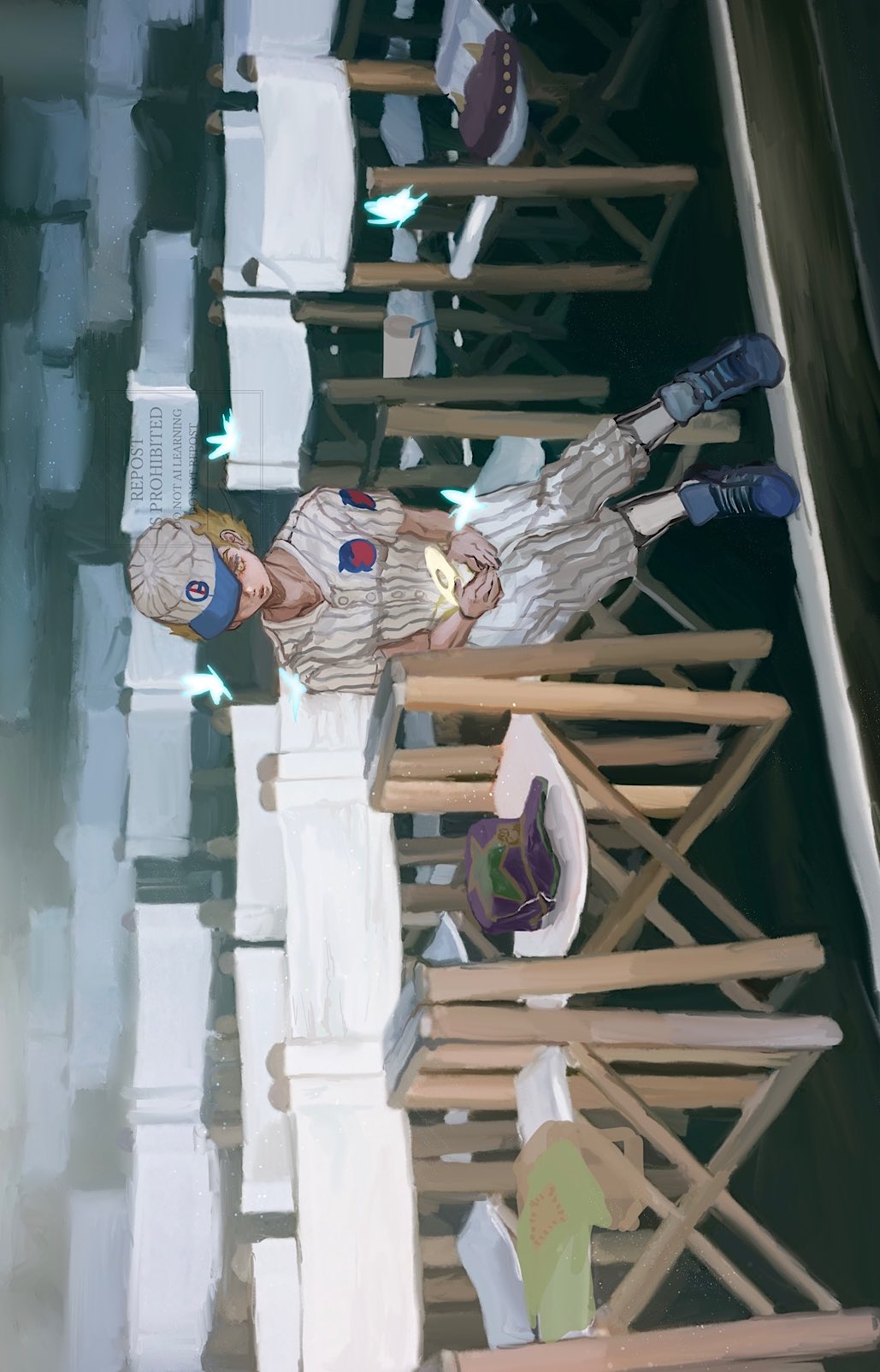 1boy baseball_cap baseball_uniform blonde_hair bug butterfly cd chair child cup disposable_cup emporio_alnino hat highres holding_cd insect jojo_no_kimyou_na_bouken looking_down male_focus on_chair sara_(srsrmrmr) shirt short_hair short_sleeves sideways sitting solo sportswear star_(symbol) stone_ocean striped_clothes unworn_hat unworn_headwear unworn_shirt vertical-striped_clothes yellow_eyes