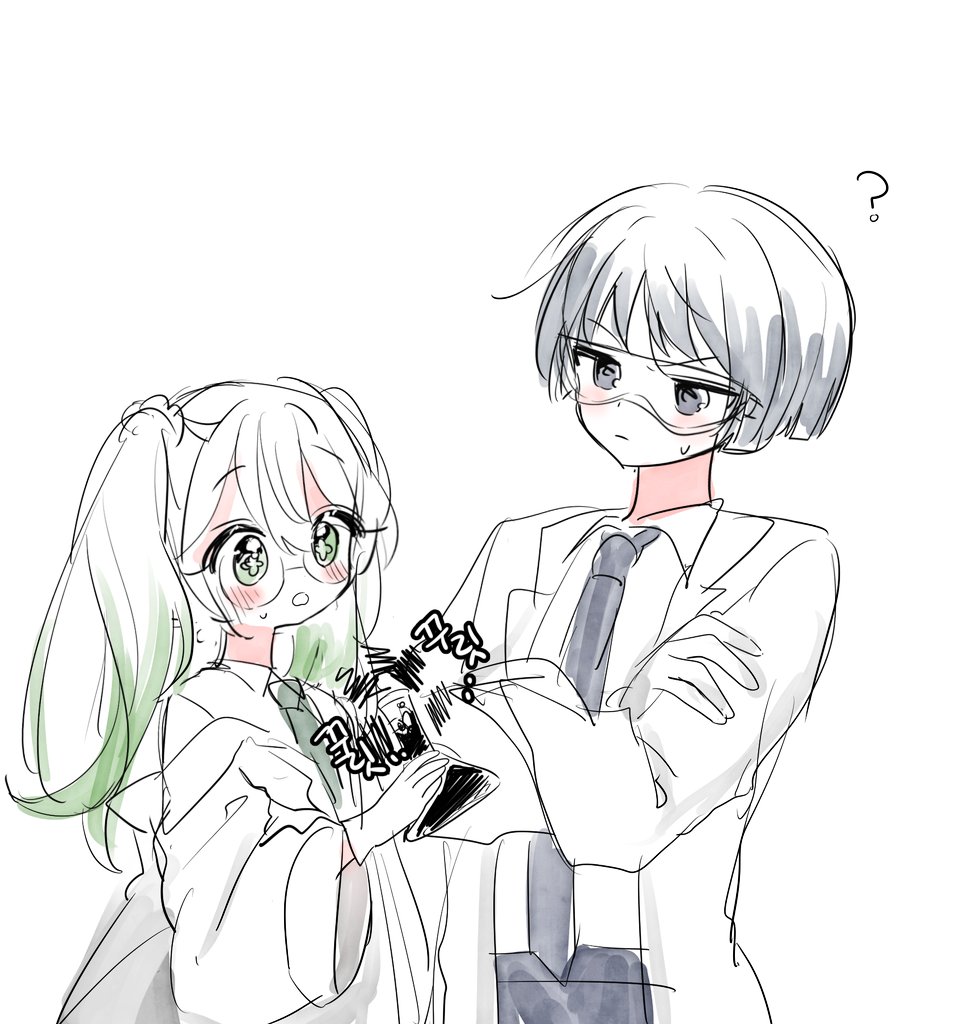 1boy 1girl 52601i ? alternate_costume alternate_hairstyle blunt_ends blush closed_mouth coat collared_shirt contemporary cross-shaped_pupils crossed_arms erlenmeyer_flask flask genshin_impact goggles green_eyes green_hair green_necktie hair_ornament hair_scrunchie hand_on_own_arm holding holding_flask lab_coat lapels long_sleeves looking_at_another multicolored_hair nahida_(genshin_impact) necktie open_clothes open_coat open_mouth oversized_clothes pants partially_colored purple_eyes purple_necktie purple_pants round_eyewear safety_glasses scaramouche_(genshin_impact) scrunchie shirt sketch streaked_hair sweatdrop symbol-shaped_pupils twintails upper_body v-shaped_eyebrows white_coat white_hair white_shirt white_sleeves white_undershirt