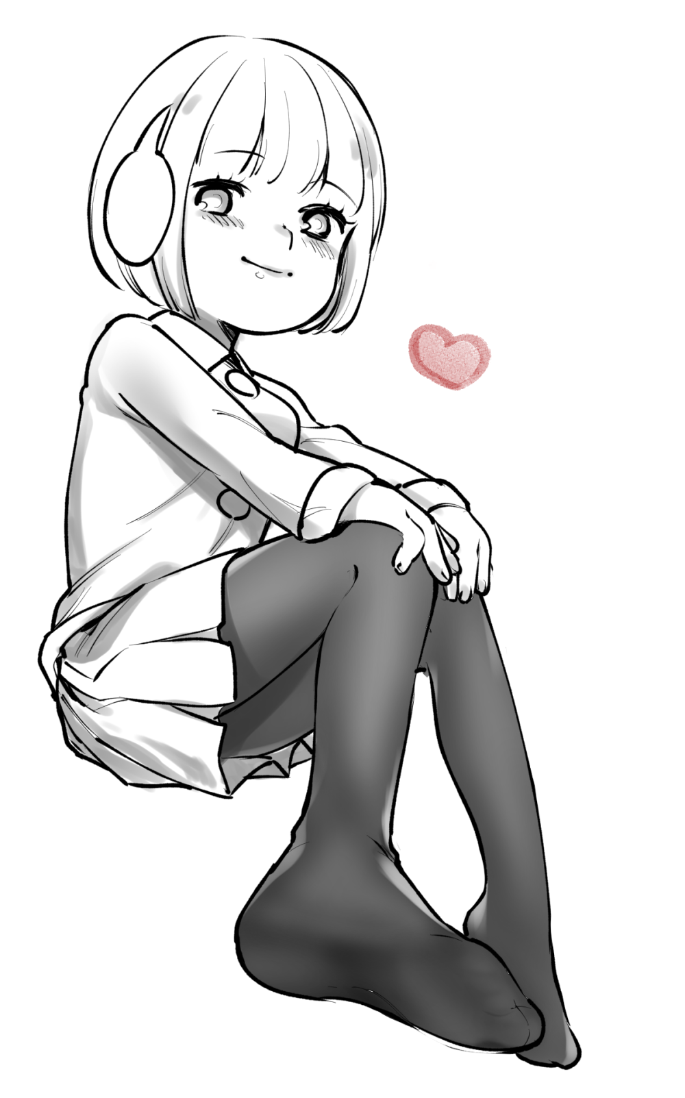 1girl blush bob_cut buttons coat earmuffs feet full_body hands_on_own_knees heart highres kayoko_(panchlora) looking_at_viewer no_shoes osomatsu-san osomatsu_(series) pantyhose pleated_skirt short-haired_girl_(osomatsu-san) short_hair sitting skirt smile spot_color