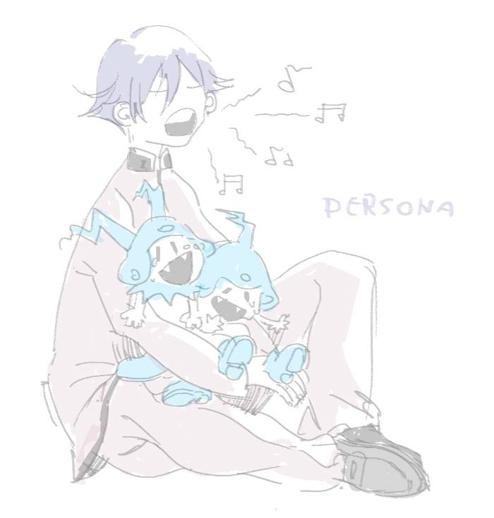 1boy amber389 blue_hair copyright_name earrings hat jack_frost_(megami_tensei) jewelry male_focus music persona persona_1 school_uniform sharp_teeth singing sitting smile teeth toudou_naoya