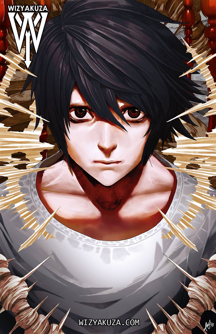 1boy artist_name black_hair brown_eyes closed_mouth collarbone death_note highres l_(death_note) looking_at_viewer male_focus shirt short_hair signature solo watermark web_address white_shirt wizyakuza