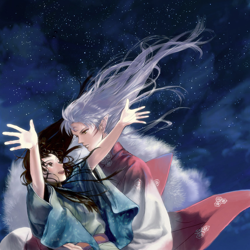 1boy 1girl bad_id bad_pixiv_id black_hair demon_boy facial_mark floating_hair fur holding inuyasha japanese_clothes kimono long_hair night night_sky niko_(silent.whitesnow) aged_up open_mouth outstretched_hand pointy_ears rin_(inuyasha) sesshoumaru silver_hair sky star_(sky) starry_sky