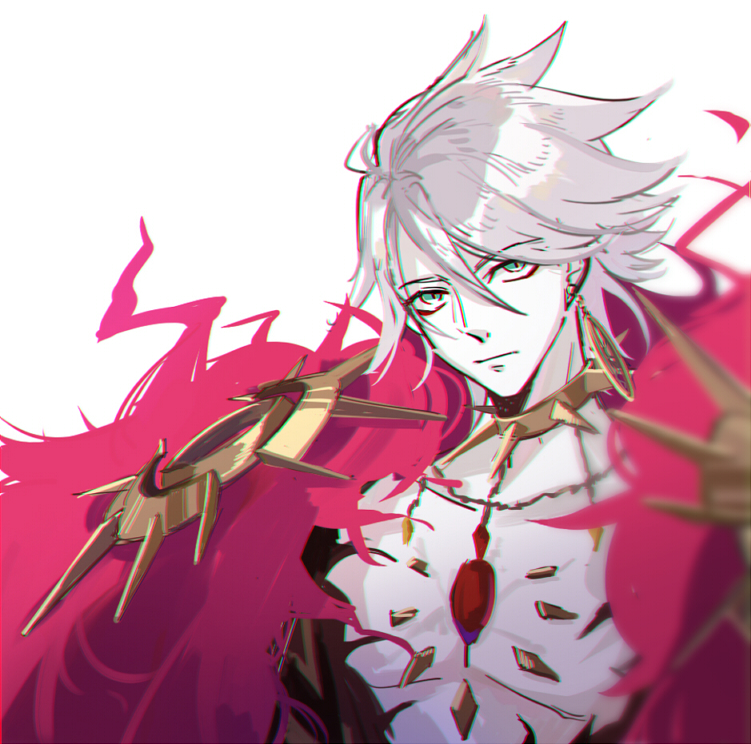 1boy aqua_eyes chest_jewel chromatic_aberration collar commentary earrings fate/grand_order fate_(series) gem gold_collar jewelry karna_(fate) looking_to_the_side looking_up male_focus rayrayray003 red_gemstone short_hair single_earring solo spiked_collar spiked_pauldrons spikes symbol-only_commentary upper_body white_background white_hair