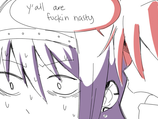 2girls akemi_homura ange_(angeban93) close-up commentary english_text headband mahou_shoujo_madoka_magica multiple_girls nervous_sweating purple_hair red_hair sakura_kyoko speech_bubble surprised sweat whispering wide-eyed