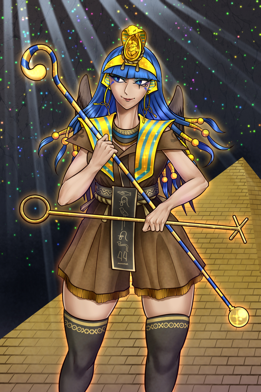 1girl black_thighhighs blue_eyes blue_eyeshadow blue_hair blunt_bangs brown_shirt brown_shorts commentary_request earrings eye_of_horus eyeshadow facial_tattoo feet_out_of_frame fossilized_wonders gold_hairband hairband headpiece highres holding holding_staff jewelry key_earrings light_particles light_rays long_hair looking_afar looking_to_the_side makeup michigami_nareko pyramid_(structure) ryuuichi_(f_dragon) shirt short_sleeves shorts solo staff sunbeam sunlight tattoo thighhighs touhou usekh_collar variant_set